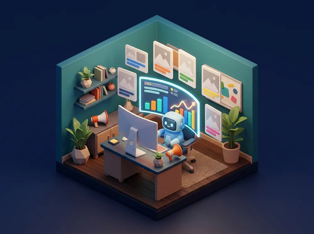 A marketing agent robot at a desk surrounded by campaign charts