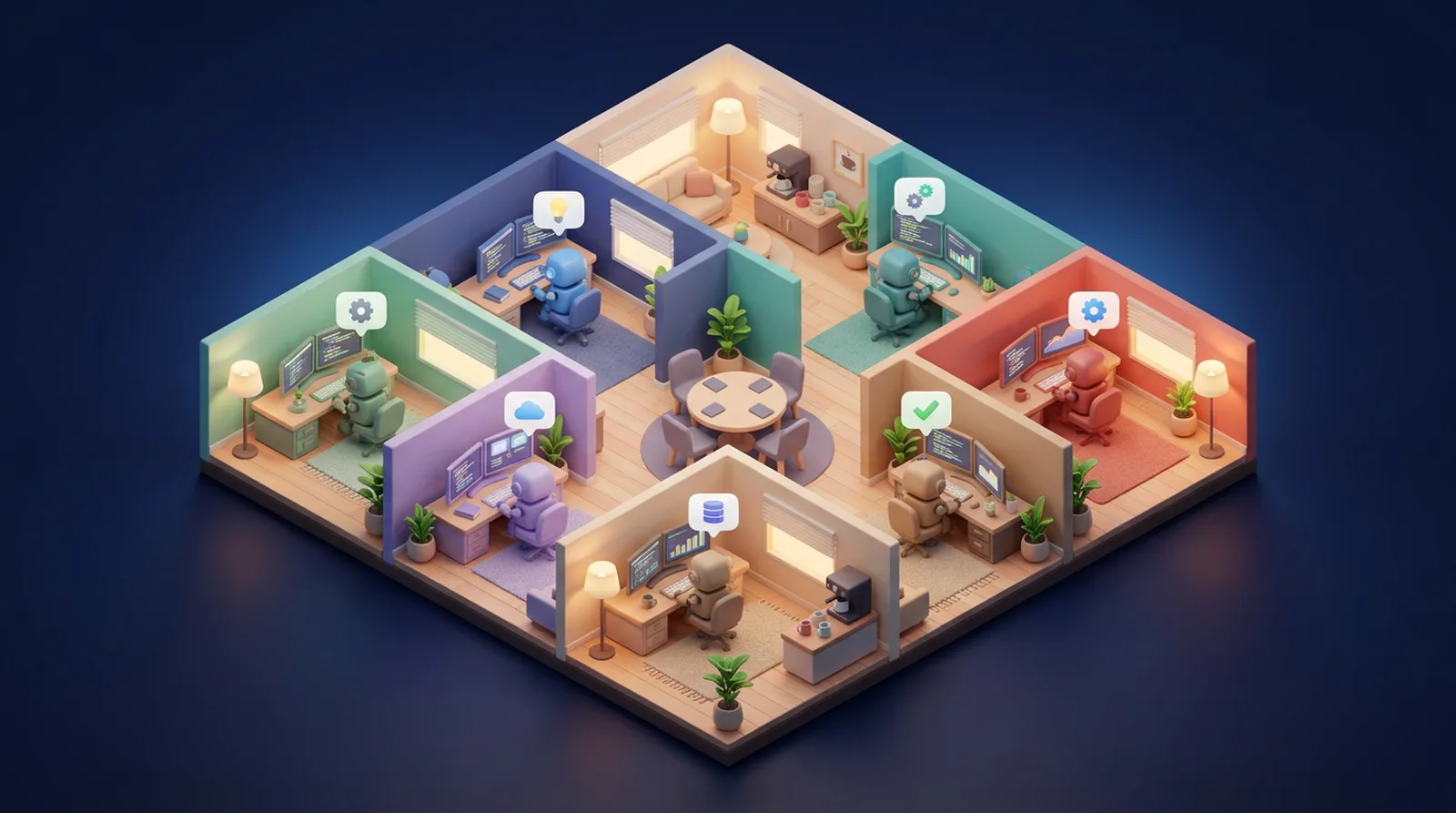 Isometric 3D office with colored rooms where agent robots work at their desks
