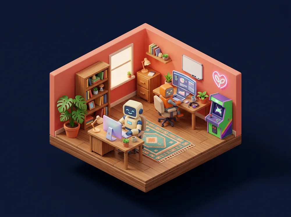 A cozy coral room with an agent robot at its desk, plants, shelves and an arcade machine